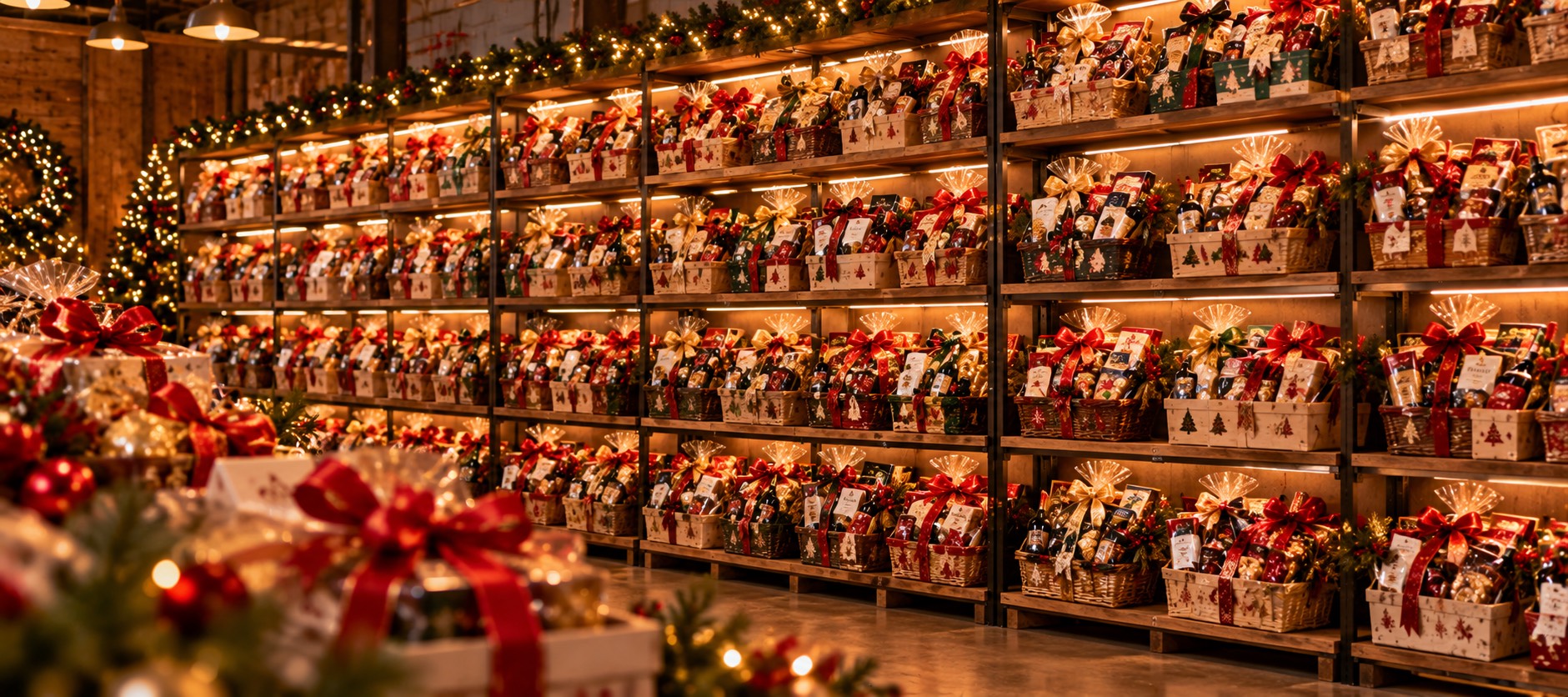 Bodega con cientos de anchetas corporativas navideñas listas para entregar